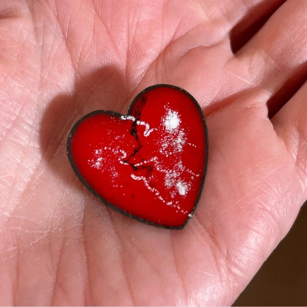 Vintage 1960 70 MCM modernist  Red Enamel Broken Heart copper Goth Brooch Pin